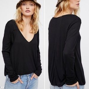 Free people black long sleeve waffle knit thermal long sleeve size large